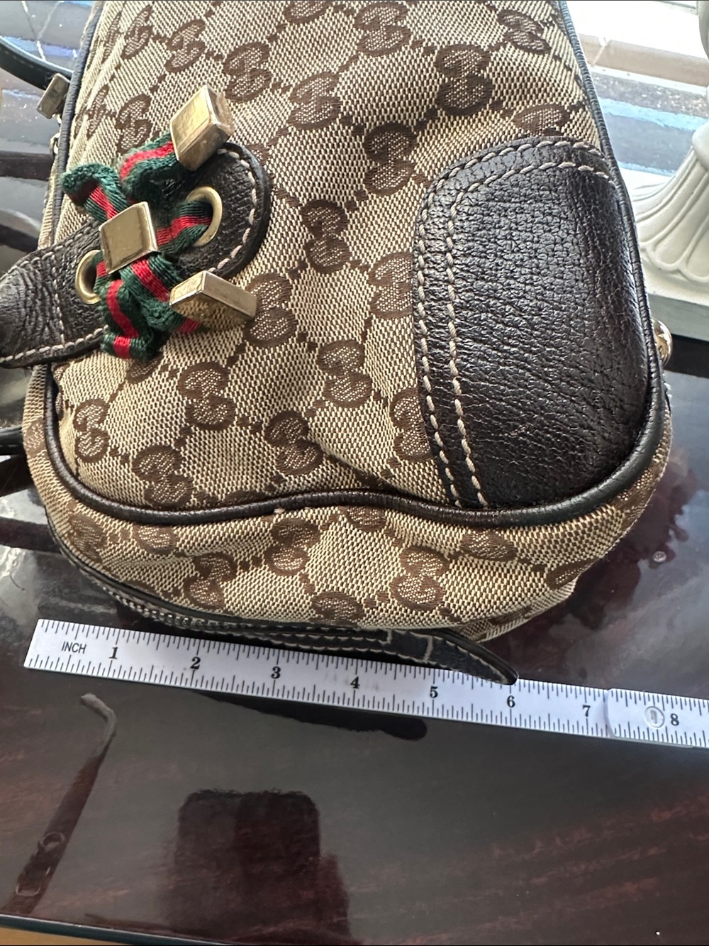 Gucci Princy Beige Monogram Canvas Shoulder Bag with Brown Trim and Web Stripe - Picture 10 of 16